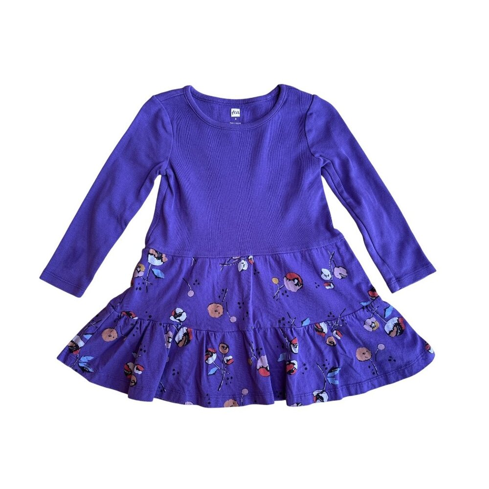 3T Tea Collection Long Sleeve Purple Tossed Tulips Tiered Dress